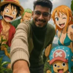 Fisheye Lens Selfie with One Piece Characters